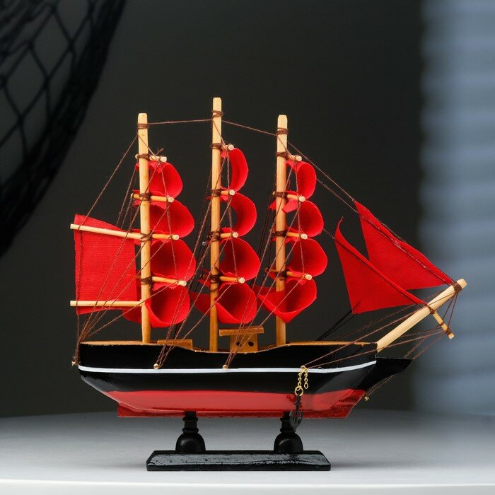 Корабль сувенирный малый «Восток», борта чёрные с белой полосой, паруса алые,микс 22×5×21 см - фотография № 8