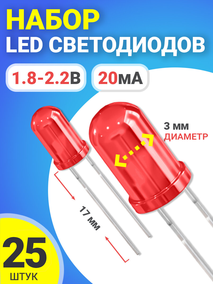 фото Набор светодиодов LED F3 GSMIN SL4 (1.8-2.2В, 20мА, 3мм, ножки 17мм) 25 штук (Красный)