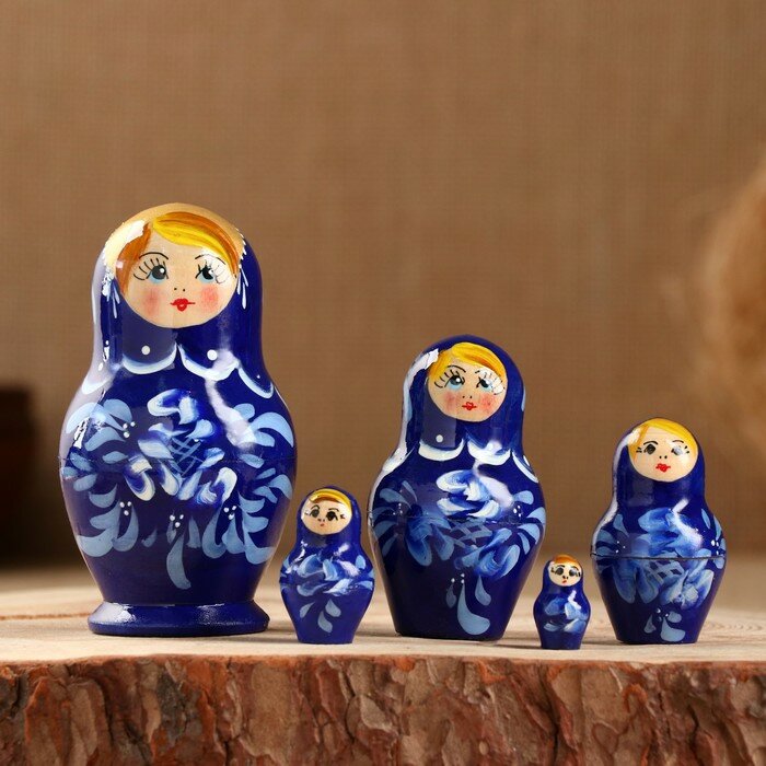 Матрёшка «Гжель», синее платье, 5 кукольная, 10 см - фотография № 1