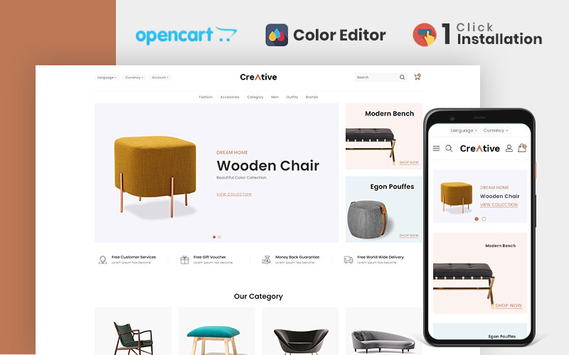Шаблон OpenCart Creative Wood And Furniture Store Opencart Theme Шаблон OpenCart