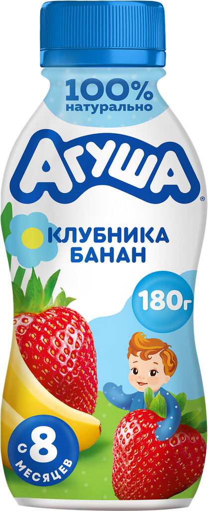 Йогурт питьевой детский агуша Клубника, банан 2,7%, с 8 месяцев, без змж, 180г