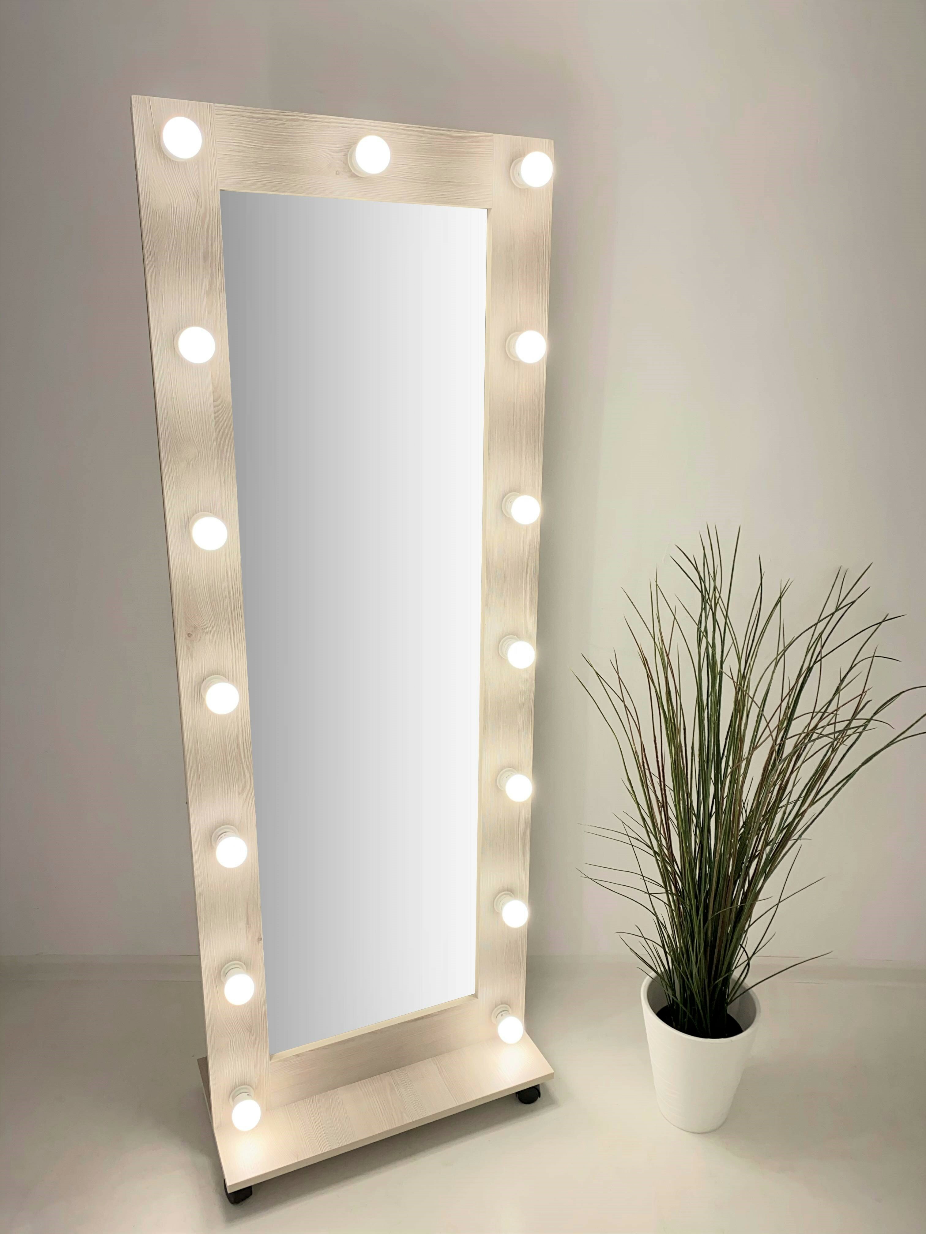 Гримерное зеркало с лампочками BeautyUp 167/60 на подставке цвет "Сосна рустик"