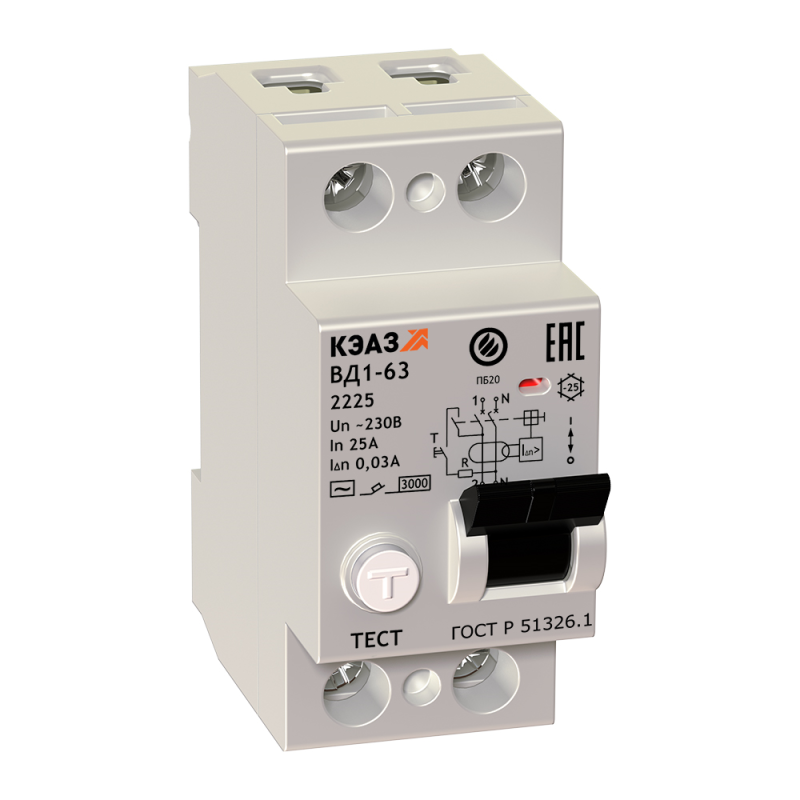 Выключатель дифференциального тока (УЗО) 2п 25А 30мА тип AC ВД1-63 2225 УХЛ4, КЭАЗ 221903 (1 шт.)