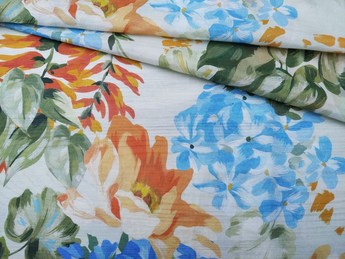 Ткань Ткань муслин светло-зелёного цвета с принтом большие оранжевые цветы голубые цветы 13043