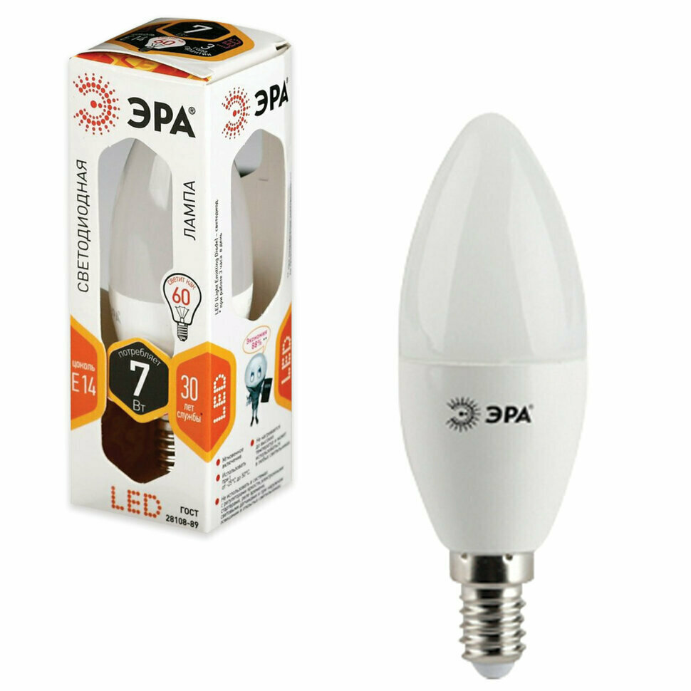 Лампа светодиодная ЭРА, 7 (60) Вт, цоколь E14, "свеча", теплый белый свет, 30000 ч., LED smdB35-7w-827-E14, 452147 - фотография № 1