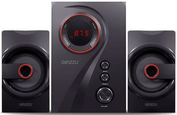 Ginzzu GM-406 2.1 с Bluetooth, выходная мощность 20Вт + 2х10Вт, аудиоплеер USB-flash, SD-card, FM-радио, пульт ДУ - 21 кнопка, стерео вход (2RCA), экв