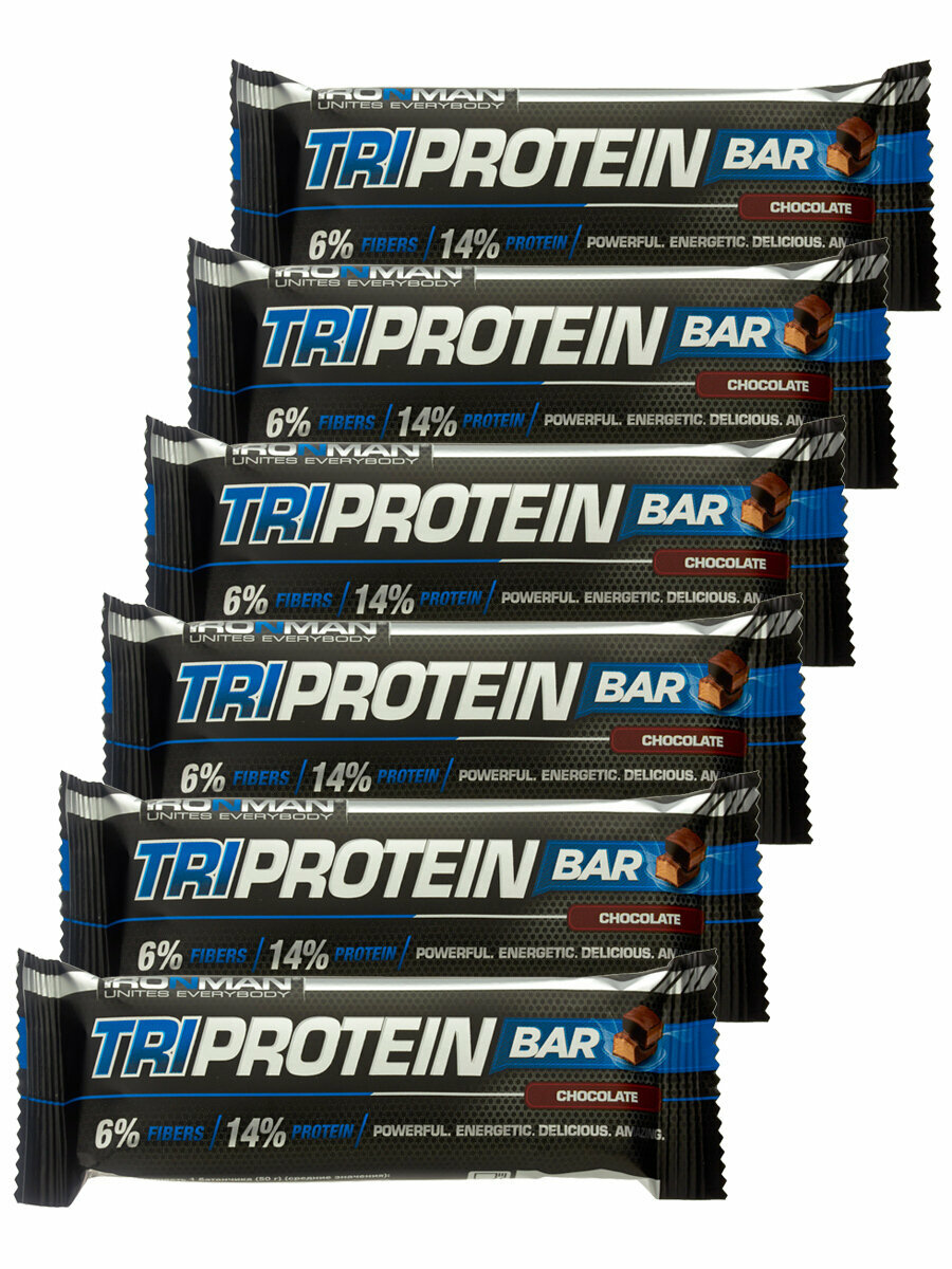 Ironman TRI Protein bar (Шоколад) 6х50г / Протеиновый батончик в шоколаде для набора мышечной массы женщин и мужчин