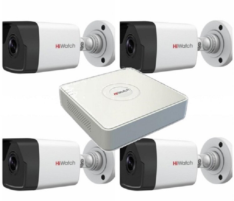 4MP Комплект IP видеонаблюдения Hiwatch на 4 камеры для любого помещения с PoE питанием регистратора (DS-I400(C) 28mm + DS-N204P(C))