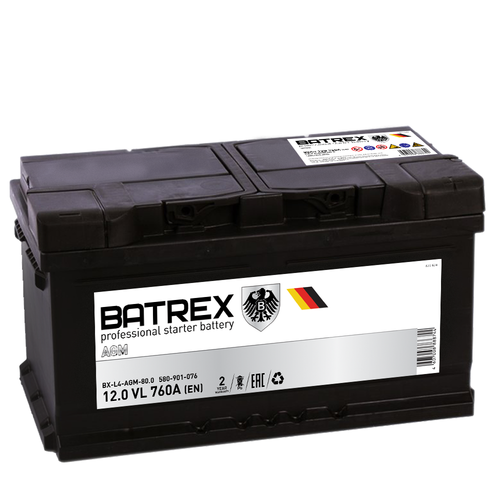 Аккумулятор автомобильный 80А*Ч BATREX AGM 80.0 VRLA 760А 315х175х190 (-/+) L4 580901076