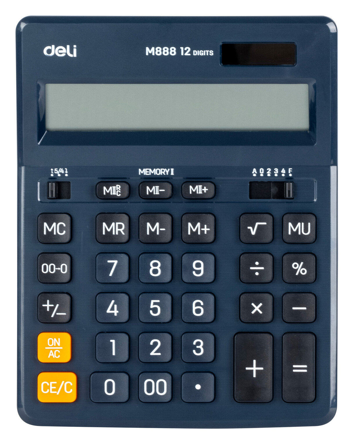 Калькулятор настольный Deli EM888F-blue синий, дисплей: 12-разрядный, однострочный, монохромный, питание батарея х 1шт.