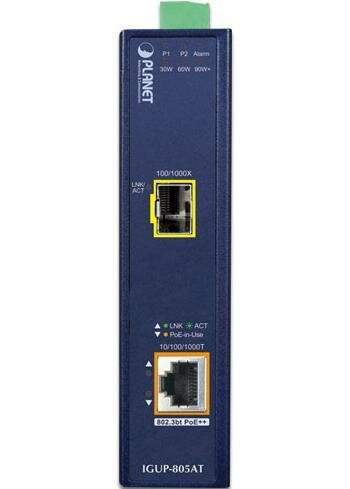 PLANET IGUP-805AT Industrial 1-Port 100/1000X SFP to 1-Port 10/100/1000T 802.3bt PoE++ Media Converter (802.3bt Type-4, PoH, Legacy, Force mode suppor