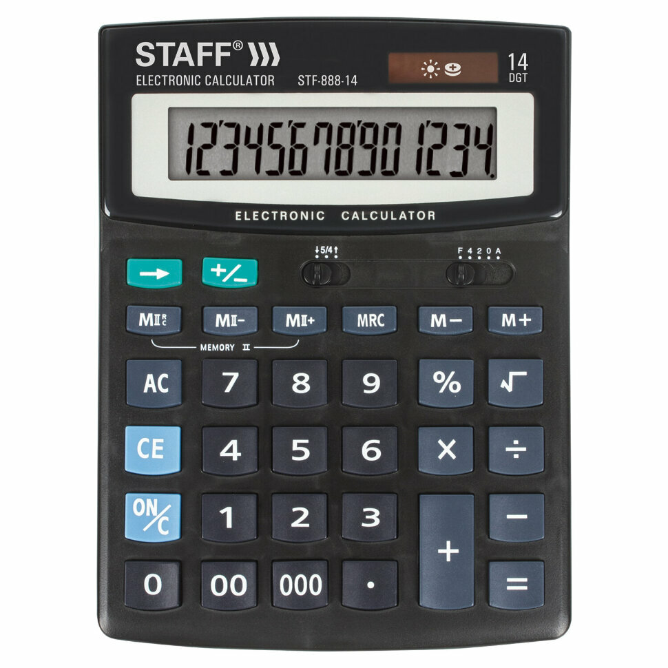 Калькулятор настольный STAFF STF-888-14 (200х150 мм), 14 разрядов, двойное питание, 250182, 250182