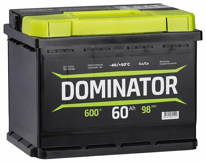 Аккумулятор автомобильный Dominator 60 А/ч 600 A обр. пол. Евро авто (242x175x190)