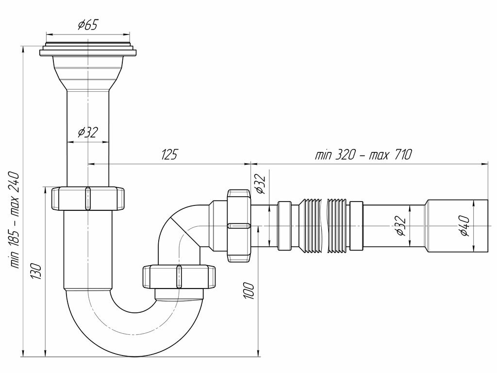 Сифон для раковины АНИ пласт DB2015, 1 1/4"х32 прямоточный, с литым выпуском гибкой трубой 32х32/40мм