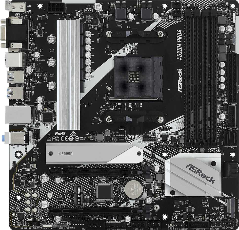 Материнская плата ASROCK A520M PRO4, AM4, A520, 4*DDR4, HDMI+DP+D-Sub, 4xSATA3 6.0 RAID, M.2 Socket, 6xUSB 3.2, Type-C, 2xUSB 2.