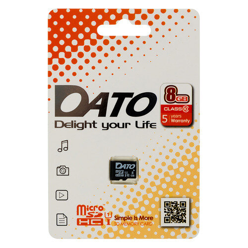 Карта памяти microSDHC UHS-I U1 DATO 8 ГБ, 20 МБ/с, Class 10, DTTF008GUIC10, 1 шт., переходник без адаптера