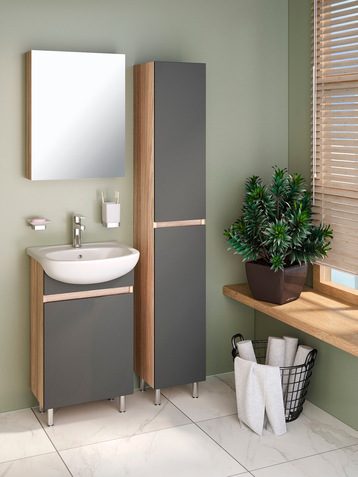 Мебель для ванной / Runo / Лада 40 / графит / тумба с раковиной Mango 40 / шкаф для ванной / зеркало для ванной