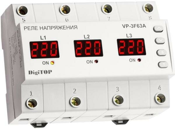 DigiTOP Vp-3F63A Реле напряжения трехфазное на DIN-рейку, 50-400В, макс. 80А, 5-600 сек.