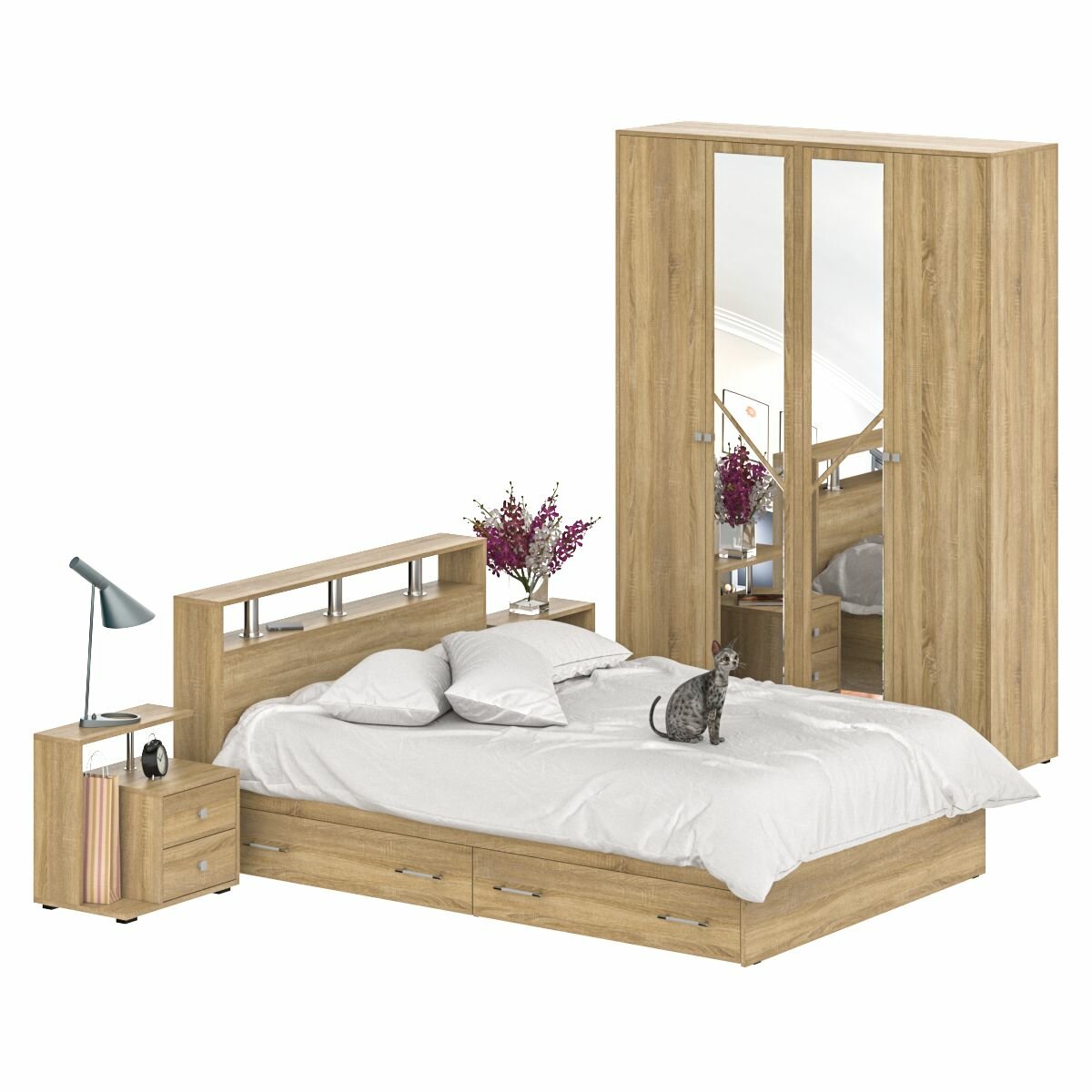 Мебель для спальни Камелия № 8 Кровать с ящиками 1400, цвет дуб сонома, спальное место 1400х2000 мм., основание есть, без матраса