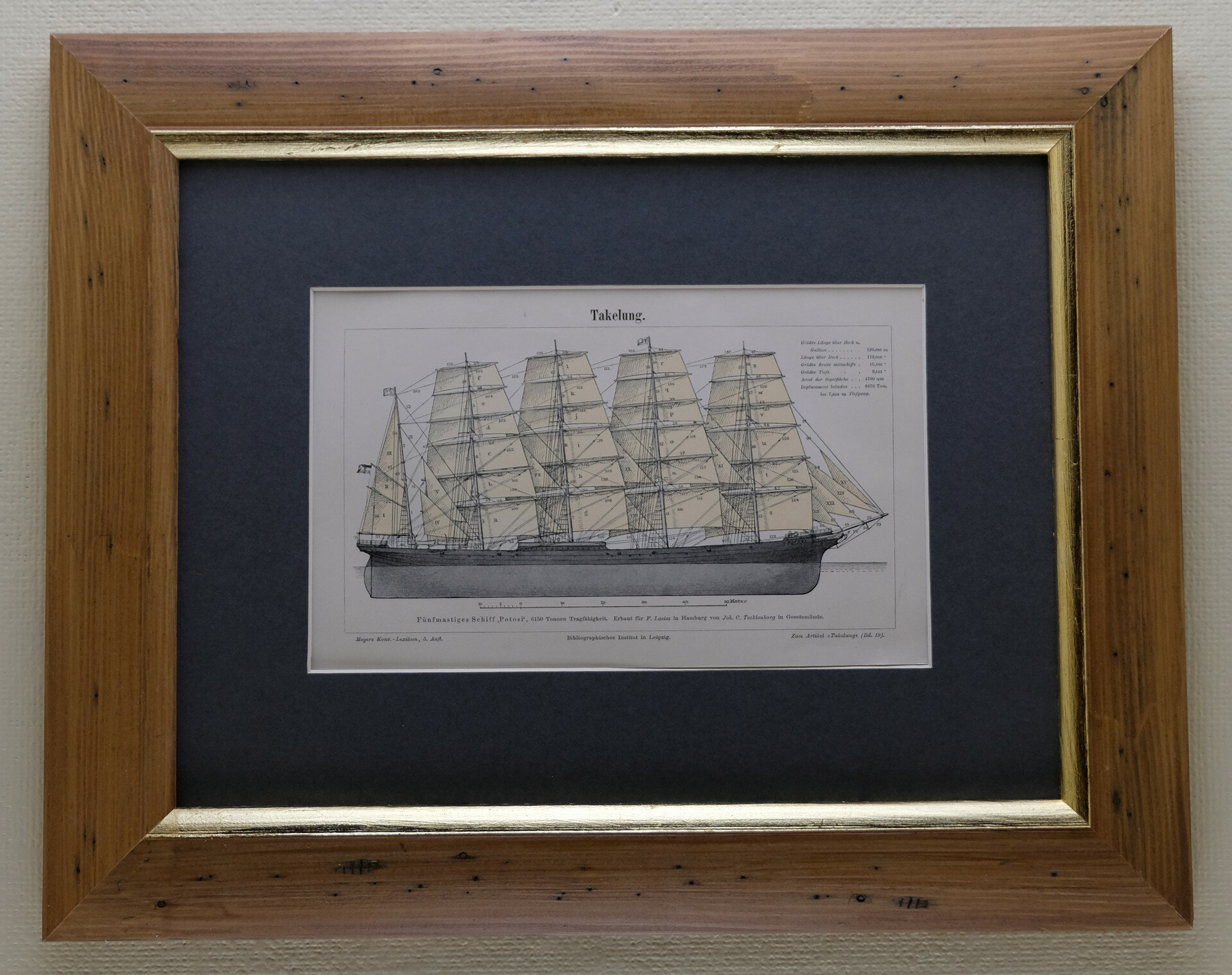 Старинная гравюра 1897 года с изображением парусного корабля в рамке 43см на 35.5см Лот №3579