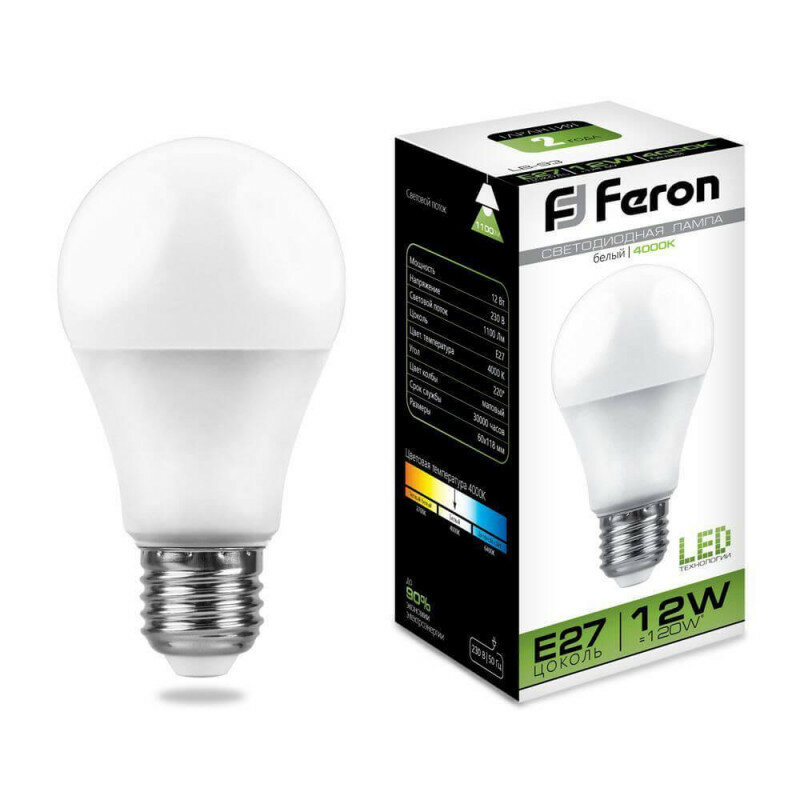 Feron LB-93 Лампа светодиодная , A60 (шар), 12W 230V E27 4000К, рассеиватель матовый , 1100Lm, 25487