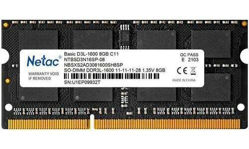 Оперативная память для ноутбука 8Gb (1x8Gb) PC3-12800 1600MHz DDR3L SO-DIMM CL11 Netac NTBSD3N16SP-08