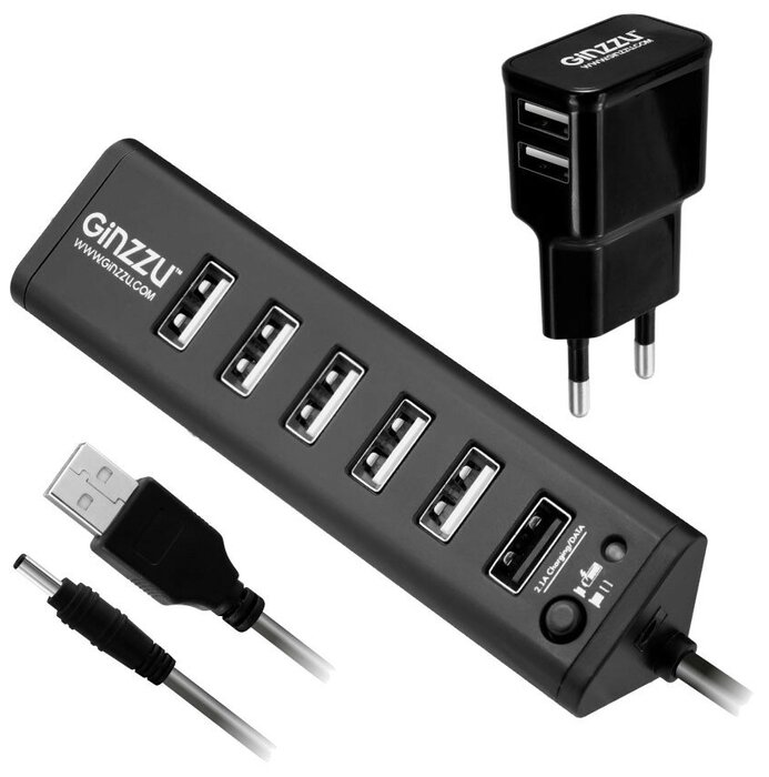 Ginzzu Разветвитель 6 портов USB2.0 + 1 порт USB3.0 Ginzzu GR-315UAB, внешн., с блоком питания (ret)