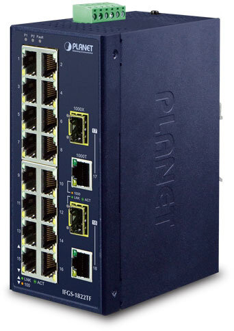 Planet коммутатор/ PLANET IFGS-1822TF IP30 Industrial 16-Port 10/100TX + 2-Port Gigabit TP/SFP Combo Ethernet Switch (-40~75C, dual redundant power input on 12-48VDC / 24VAC terminal block)
