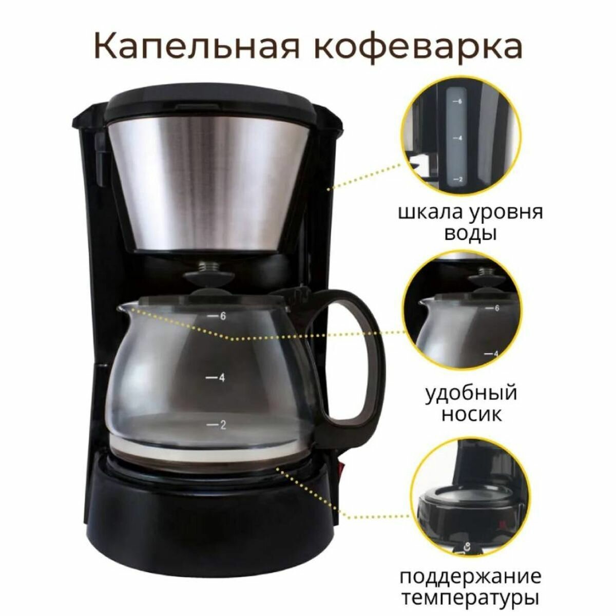 Кофеварка электр, капельная, пластик, 0.75 л, TDM, Гефест-1, 650 Вт, 6 порций, съемный фильтр, подде - фотография № 2