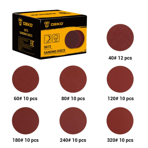 Набор шлифовальных кругов Deko SD72 (P40, P60, P80, P120, P180, P240, P320), 125 мм, 72шт.