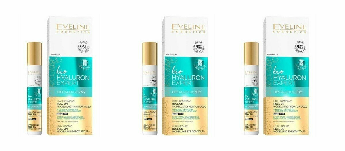 Роликовый гель Eveline, Bio Hyaluron Expert, для кожи вокруг глаз, против мешков и темных кругов, 15 мл, 3 шт