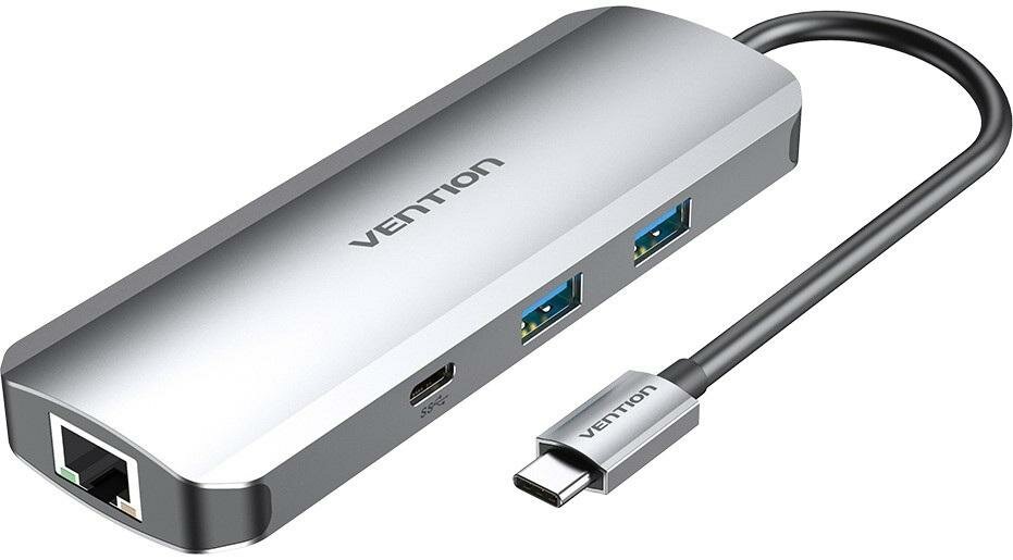 Концентратор USB Type-C Vention TOMHB 2 х USB 3.0 RJ-45 HDMI USB Type-C microSD SD mini-Jack3.5 серебристый