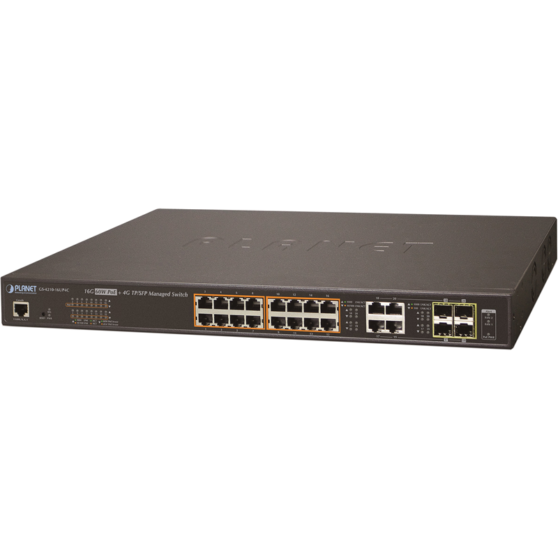 коммутатор/ PLANET IPv6/IPv4, 16-Port Managed 60W Ultra PoE Gigabit Ethernet Switch + 4-Port Gigabit Combo TP/SFP (400W PoE