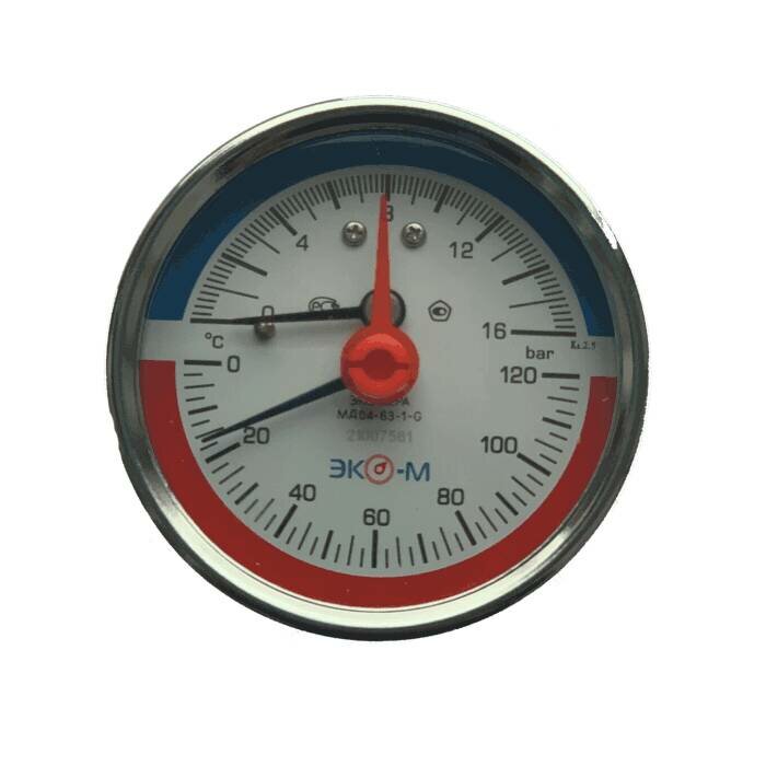 фото Термоманометр МД04 осевой Дк80 0-0,6 МПа L=40мм G1/4" 160С с переходником на G1/2" экомера МД04-80-G-0,6МПа-160-L-40-ОИ