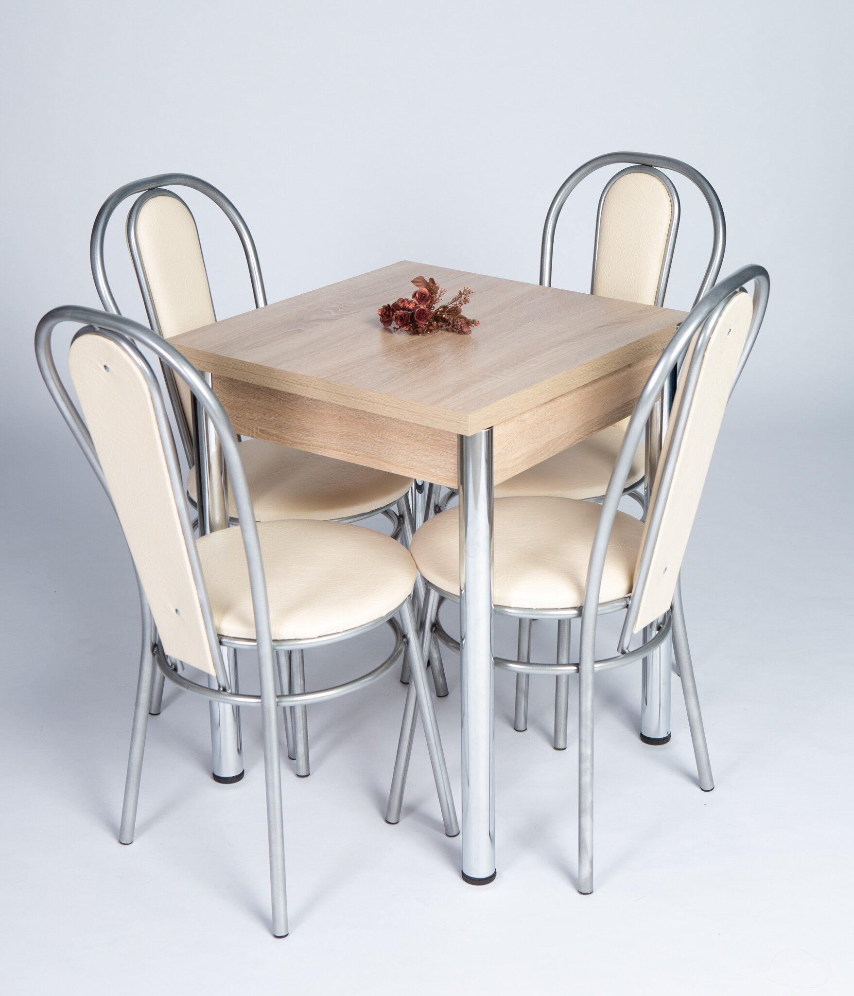 Обеденная группа с 4 стульями, стол на хромированных ножках 60х120 Дуб Сонома, стулья Венский хром - фотография № 1