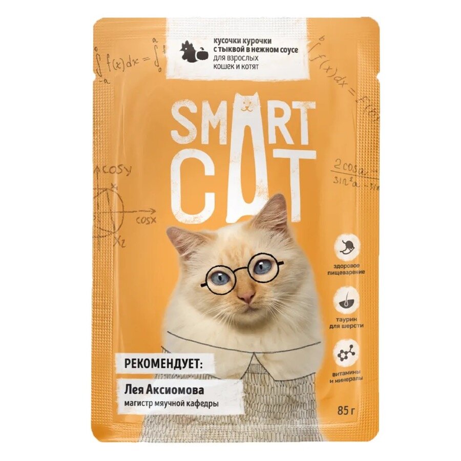 SMART CAT Паучи для кошек и котят кусочки курочки с тыквой в соусе 85гр - фотография № 1