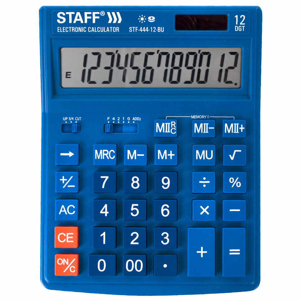 Калькулятор настольный STAFF STF-444-12-BU (199x153 мм), 12 разрядов, двойное питание, синий, 250463, 250463
