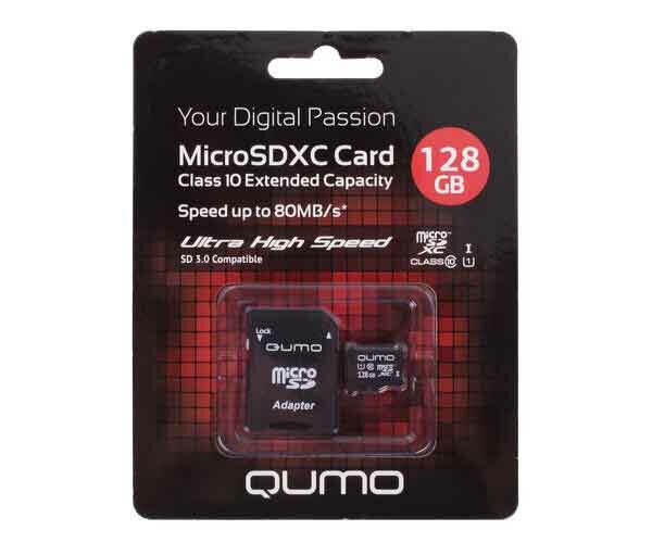 Карта памяти QUMO MicroSDXC 128Gb UHS-I + ADP (QM128GMICSDXC10U1)