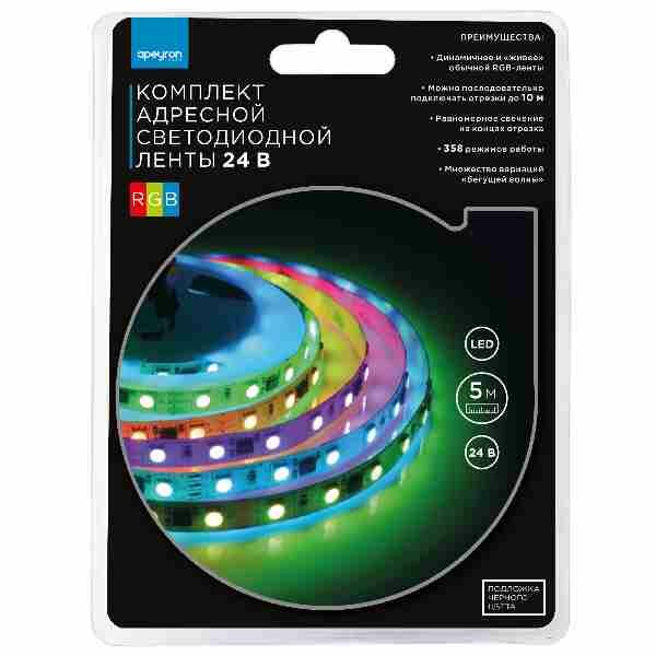 Комплект адресной светодиодной ленты Apeyron 24В, 14,4Вт/м, smd5050, 60д/м, IP20, ширина подложки 10мм, черная, 5м - фотография № 1