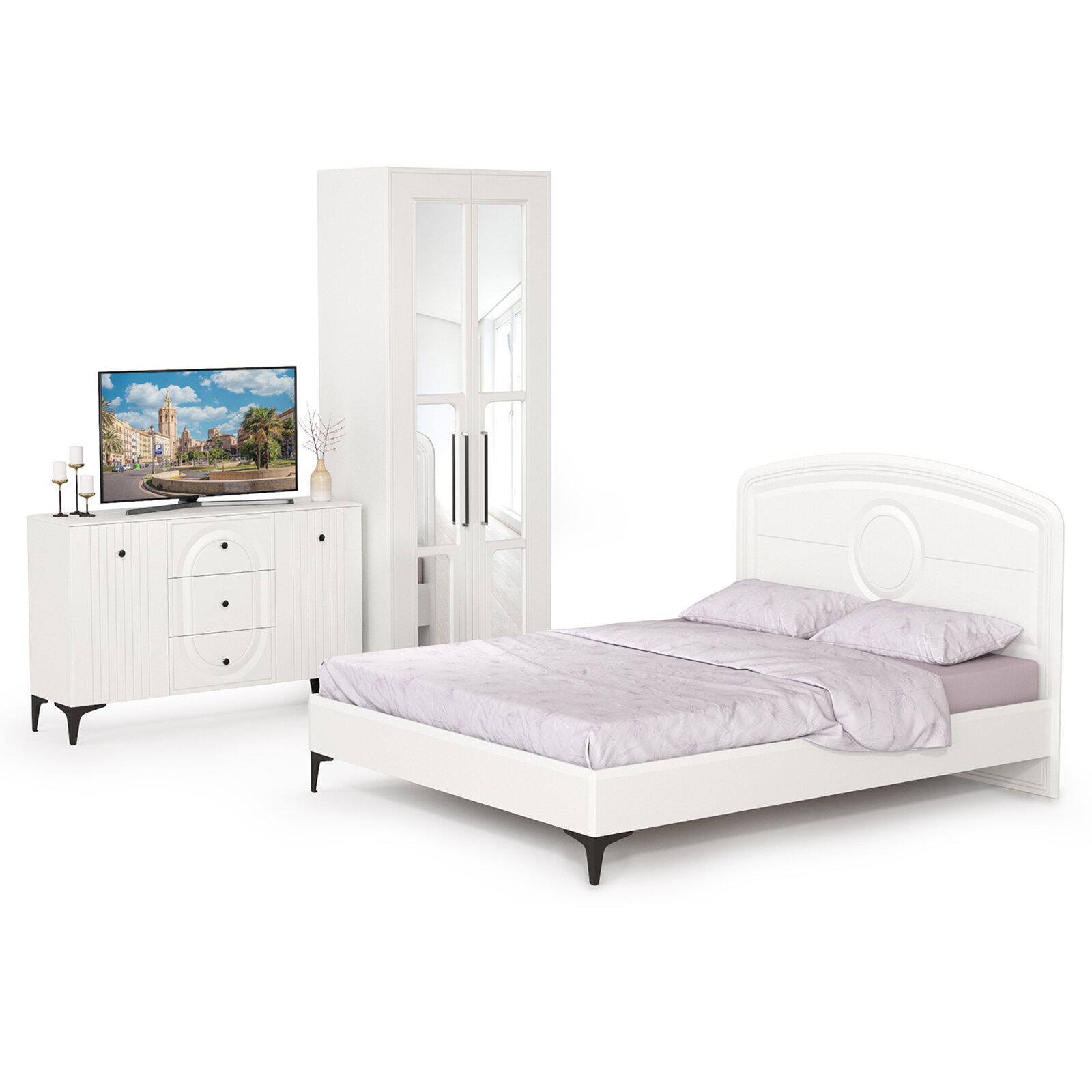 Белая спальня Валенсия № 17 кровать 1600 с мягкой спинкой, цвет белый шагрень