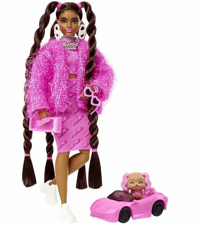 Кукла Mattel Barbie Extra в розовом костюме HHN06, собака в машине+аксессуары