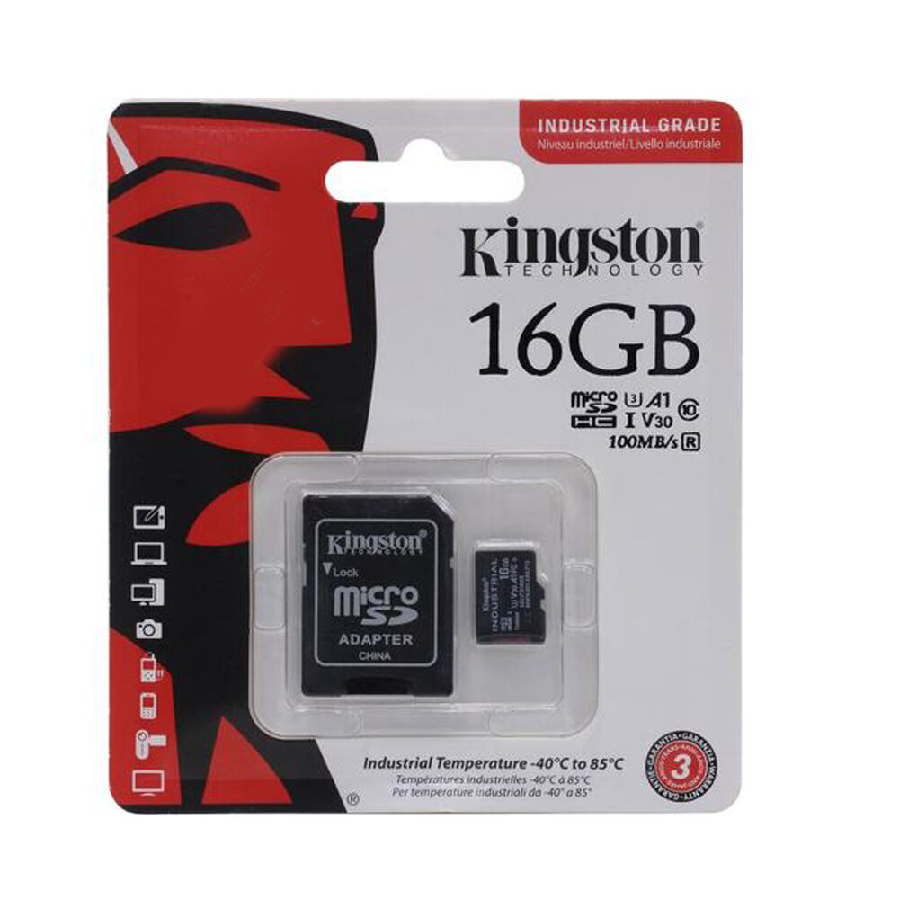 Карта памяти microSDHC 16Gb Kingston, Industrial Temp, Class10, UHS-I U30 V30 A1 100Mb/s, с адаптером