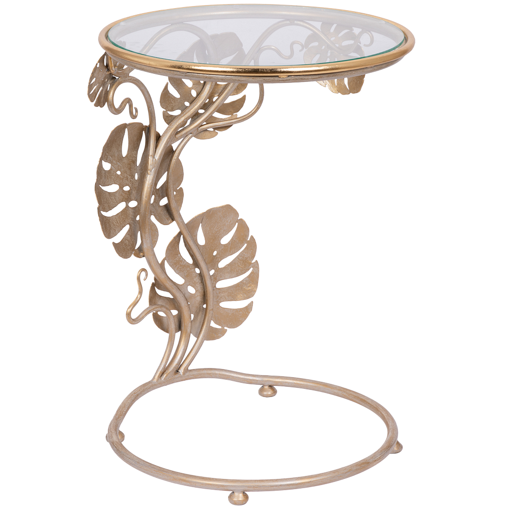 Столик приставной кованый BOGACHO Monstera Deliciosa декор в виде листьев столешница стекло цвет кремовый ручная работа - фотография № 5