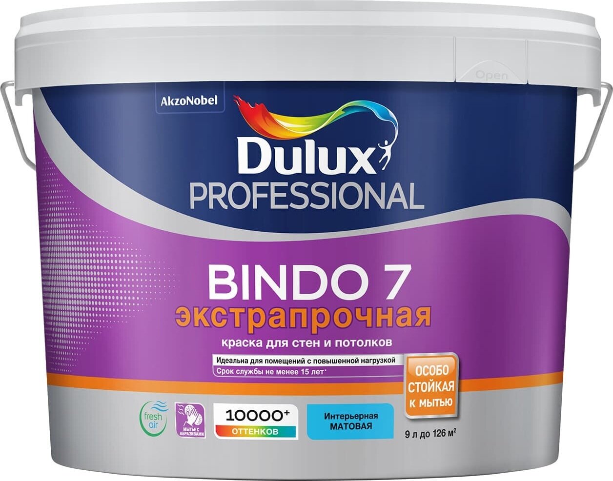 DULUX BINDO 7 экстрапрочная краска для стен и потолков, матовая, база BW (9л)