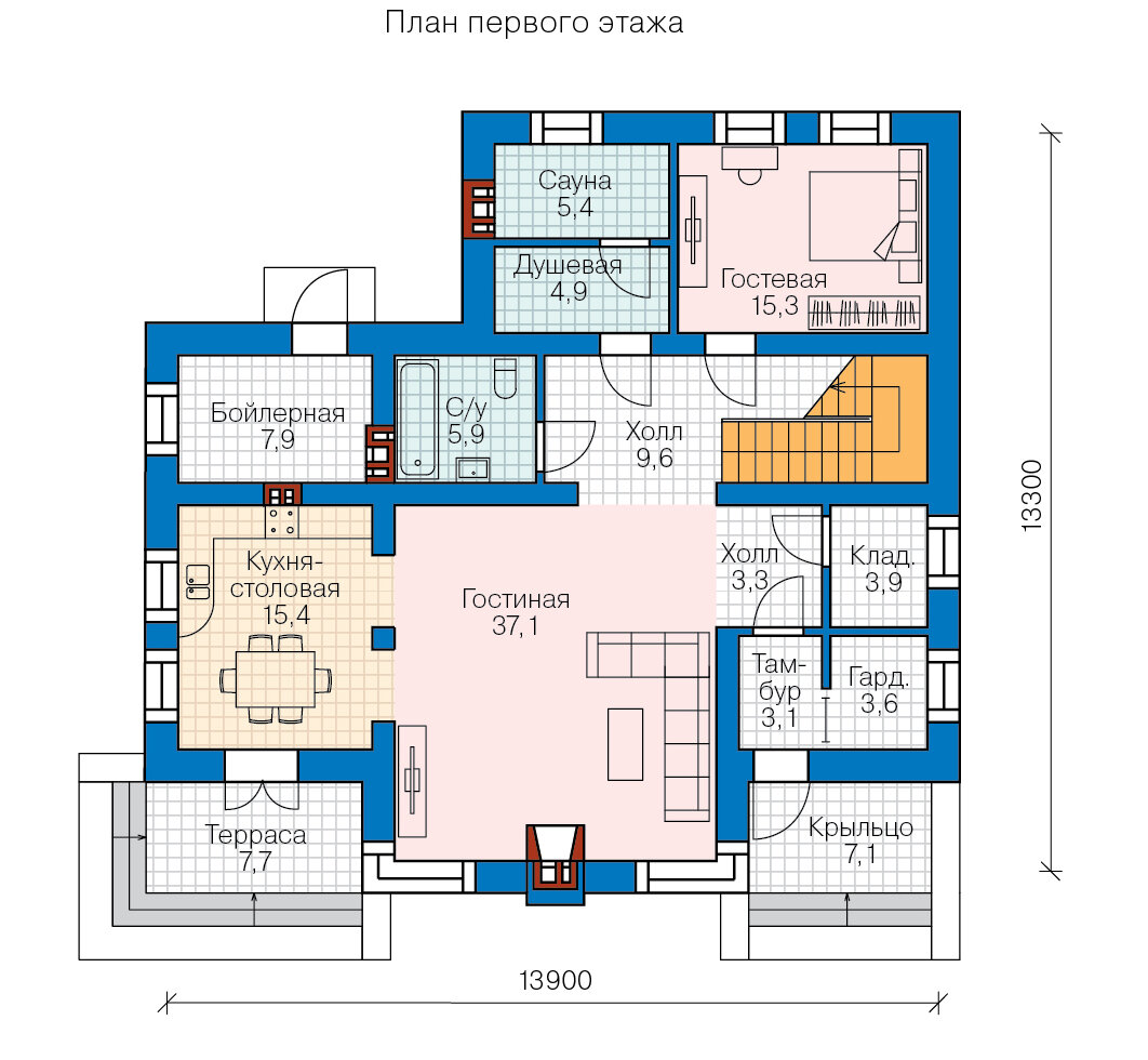 57-90KL-Catalog-Plans - Проект двухэтажного кирпичного дома с террасой - фотография № 2