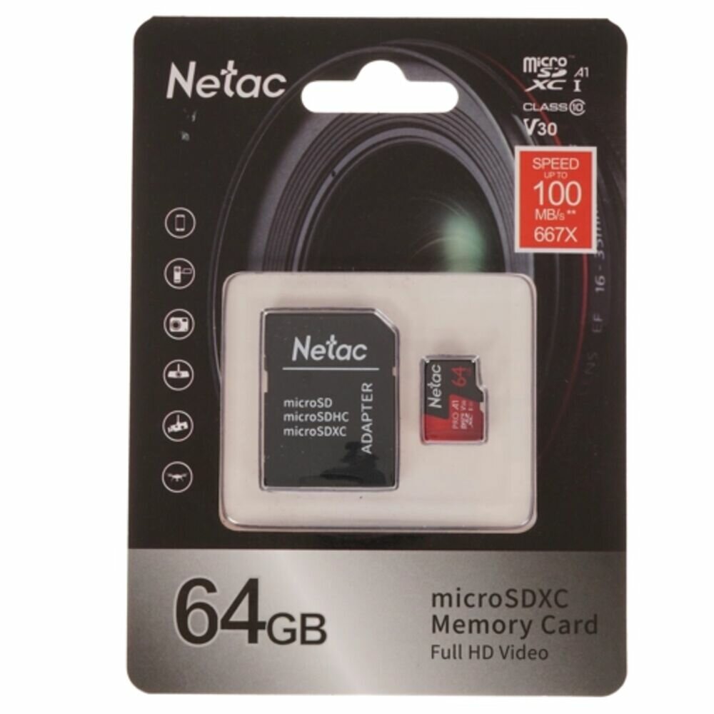 Флеш-карта 64б Netac SDXC Class 10 UHS-I ( NT02P500PRO-064G-R ) + SD adapter