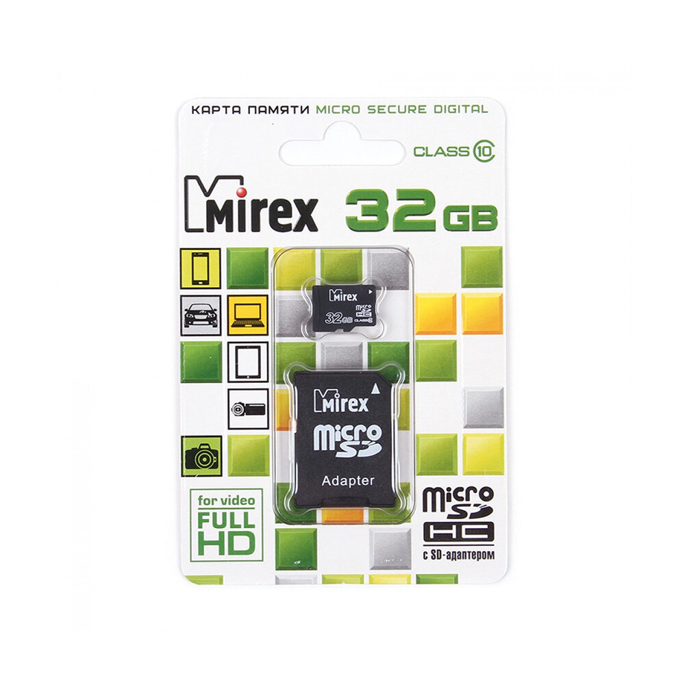 Карта памяти MicroSDHC + SD адаптер 32 GB Class10 Mirex (AD10SD32)