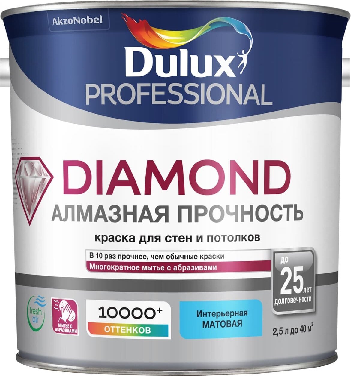 DULUX DIAMOND алмазная прочность краска для стен и потолков износостойкая матовая база BW (25л)