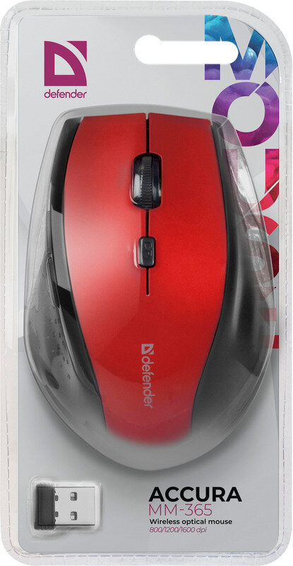 Беспроводная мышь Defender Acura MM-365, USB, 6 кнопок,800-1600dpi,красный