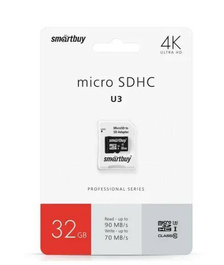 Smartbuy (sb32gbsdcl10u3-01) Micro Sdhc 32GB CLASS10 PRO U3 R/w: 90/70 Mb/s (с адаптером SD) .